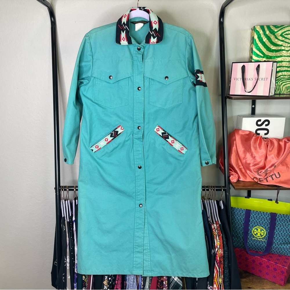 Vintage David James Turquoise Canvas Long Duster Jacket Overcoat